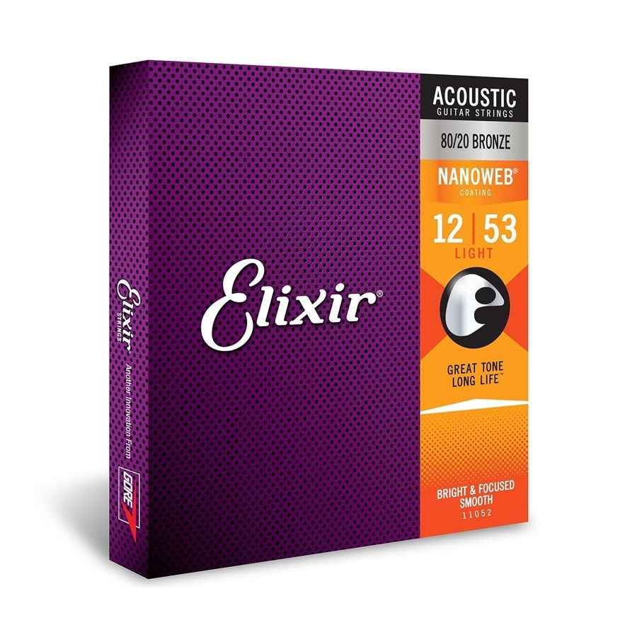 Elixir 11052 Light Nanoweb 80/20 Bronze Acoustic Guitar Strings 12-53