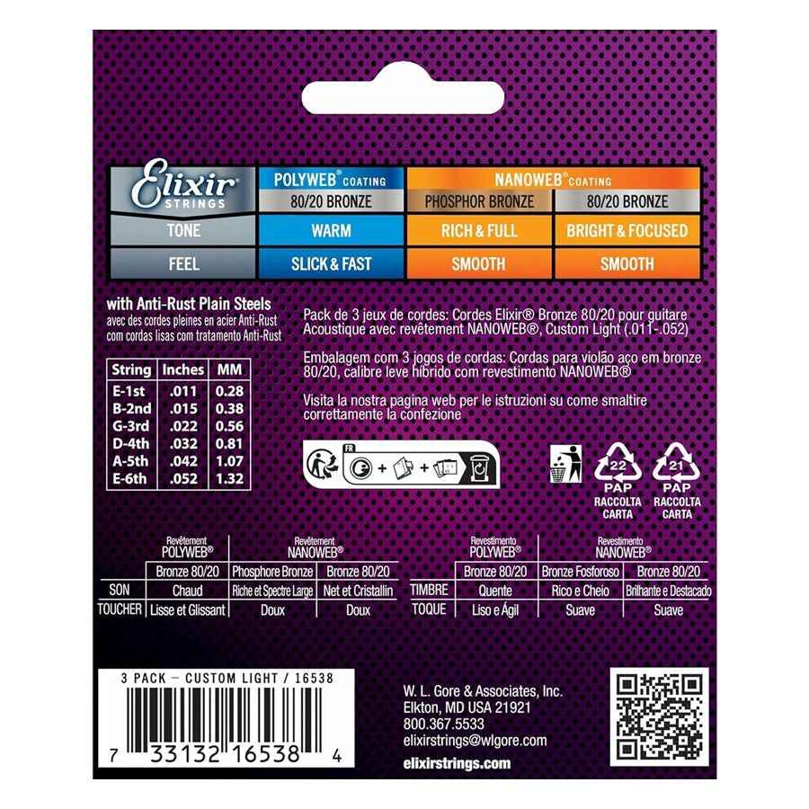 Elixir Strings 16538 Nanoweb 80/20 Acoustic Guitar Strings - .011-.052 Custom Light 3-pack
