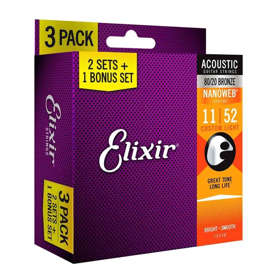 Elixir Strings 16538 Nanoweb 80/20 Acoustic Guitar Strings - .011-.052 Custom Light 3-pack