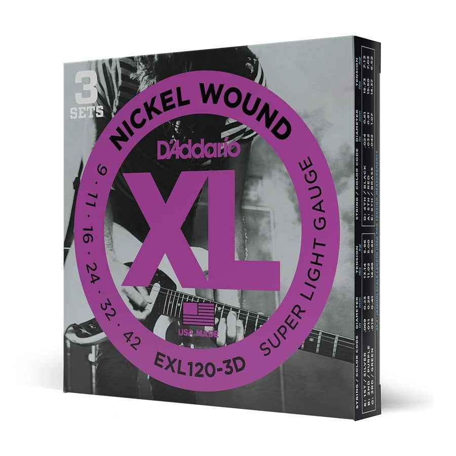 Daddario EXL120-3D Nickel Wound Electric Guitar Strings 9-42 Super Light 3-Pack