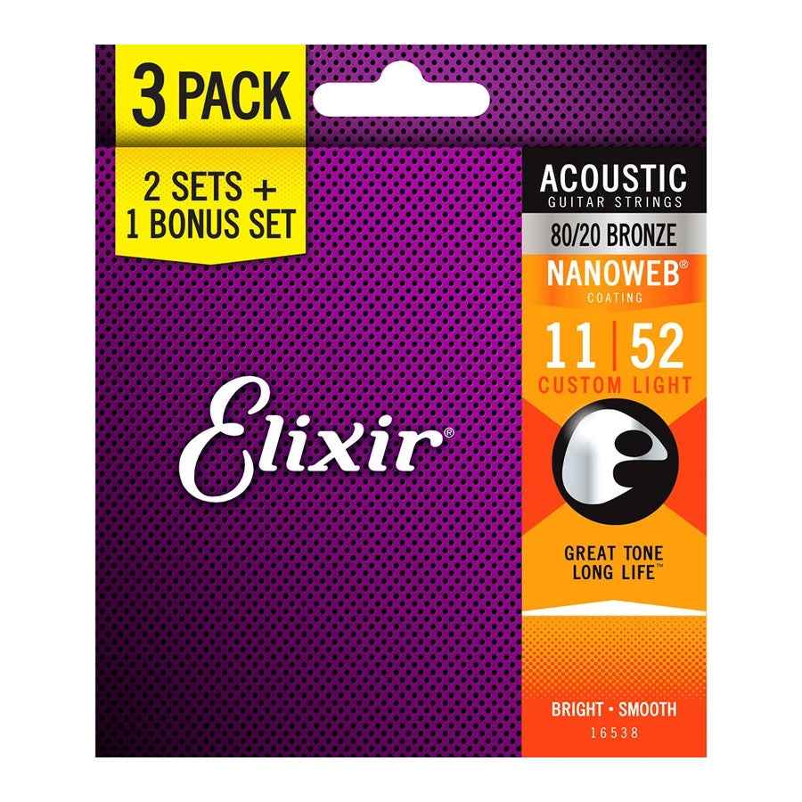 Elixir Strings 16538 Nanoweb 80/20 Acoustic Guitar Strings - .011-.052 Custom Light 3-pack